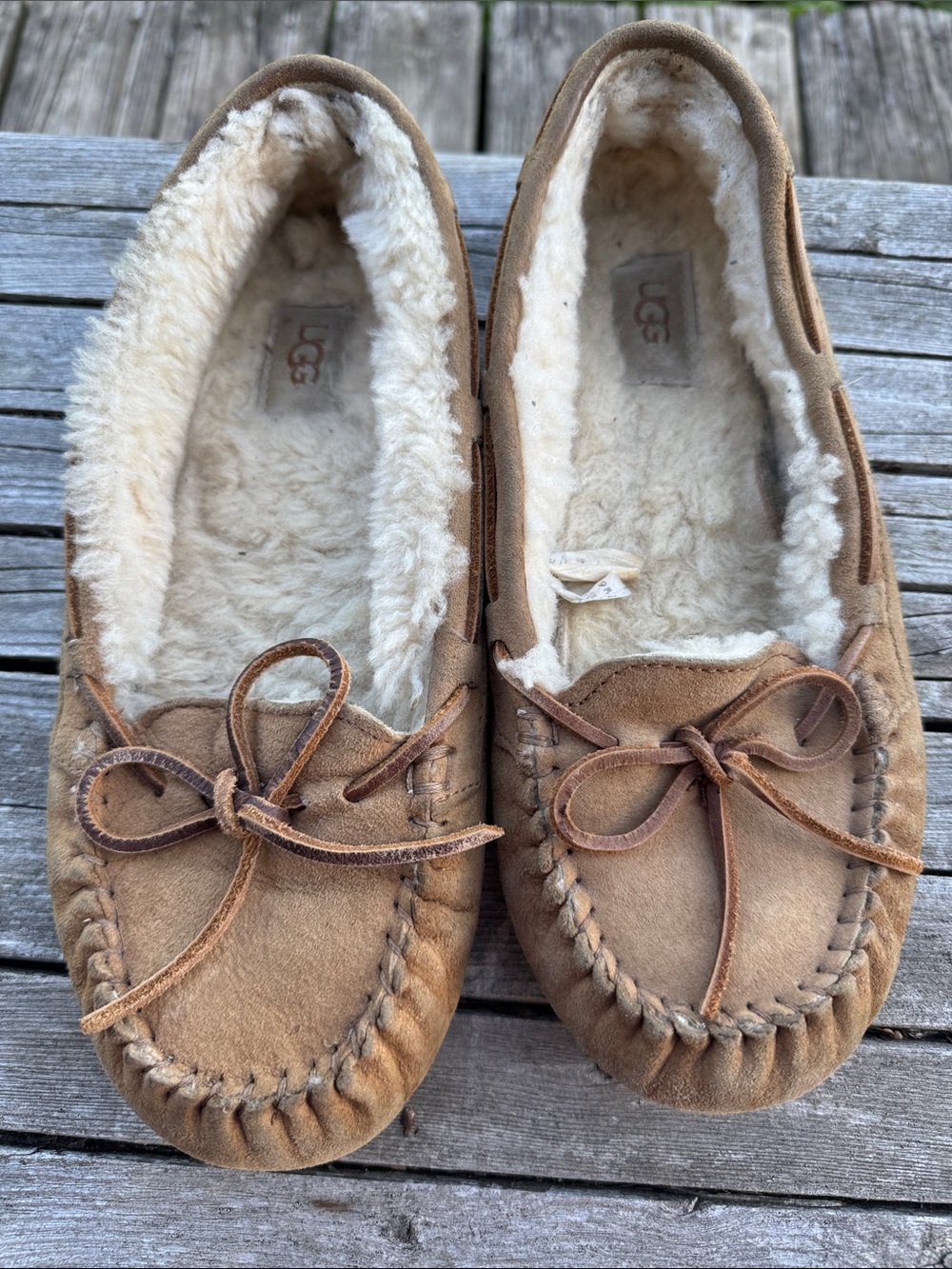 UGG Chestnut Suede Moccasin Slippers with Shearling